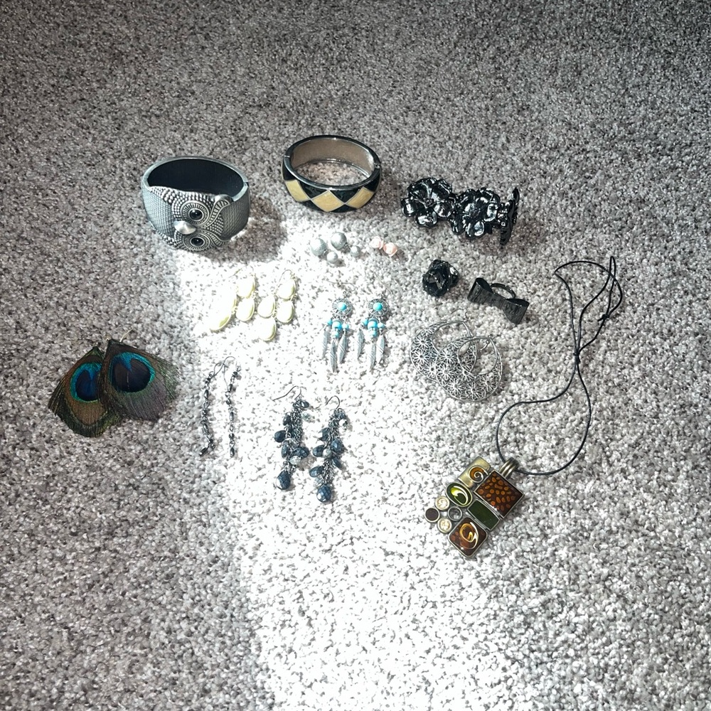 Assorted Jewelry Collection with Bracelets, Earrings, Rings and Necklace